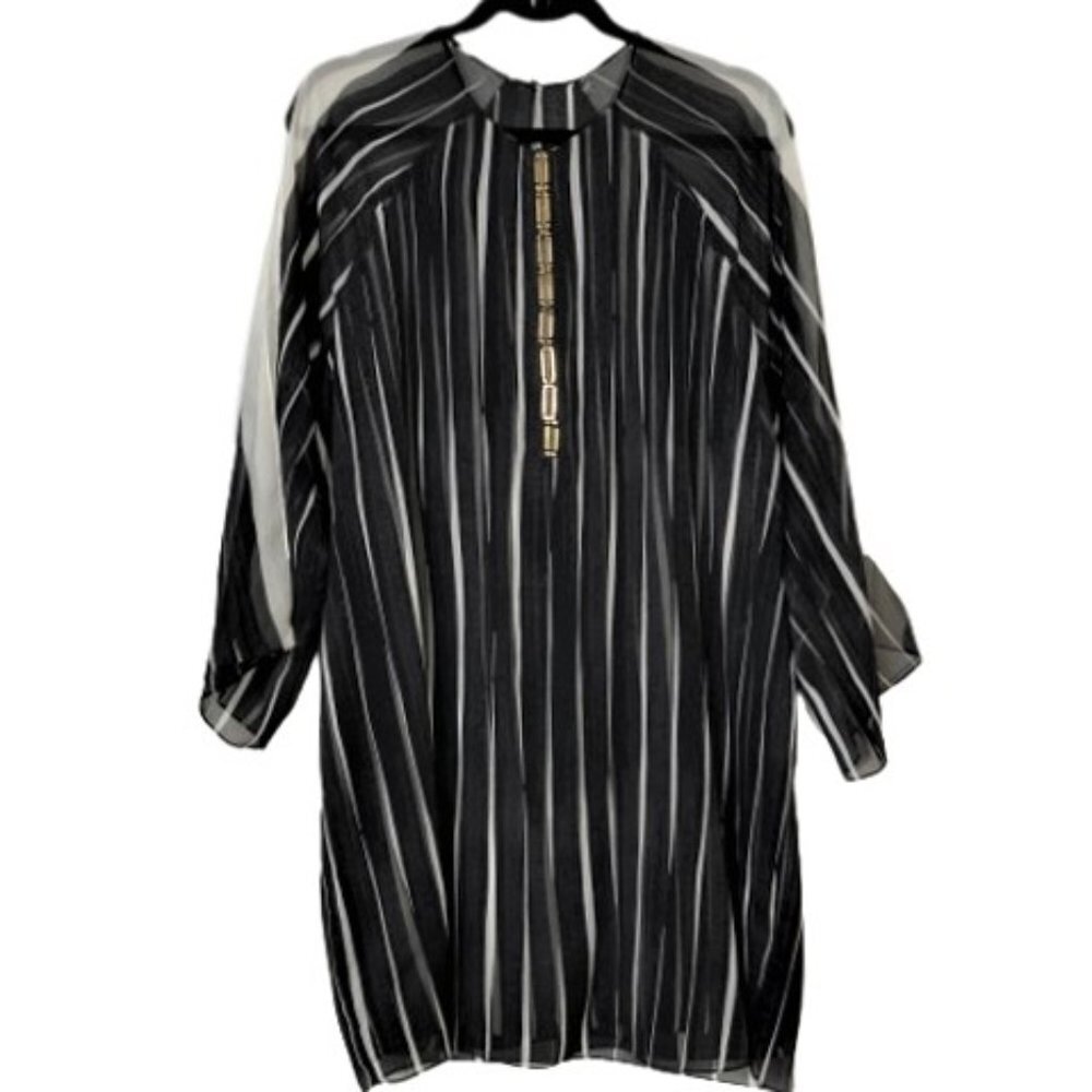 Halston Heritage Striped Crinkle Chiffon square link detail shift dress - Picture 8 of 16